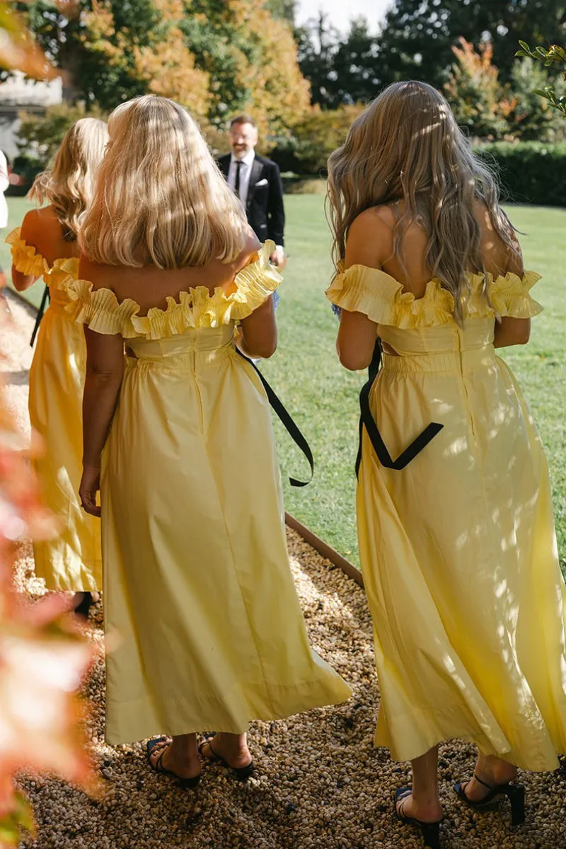 Yellow Off the Shoulder Ruffle Satin Ankle Length Bridesmaid Dresses