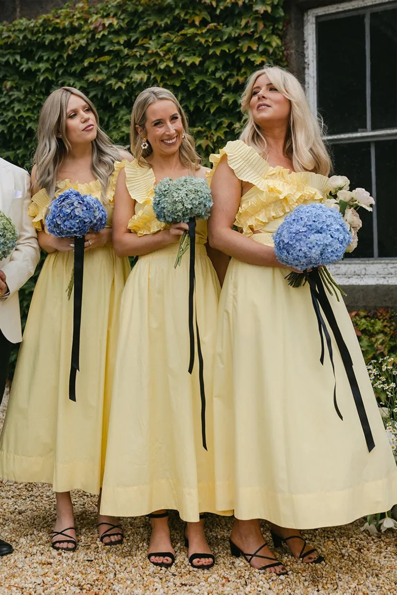 Yellow Off the Shoulder Ruffle Satin Ankle Length Bridesmaid Dresses