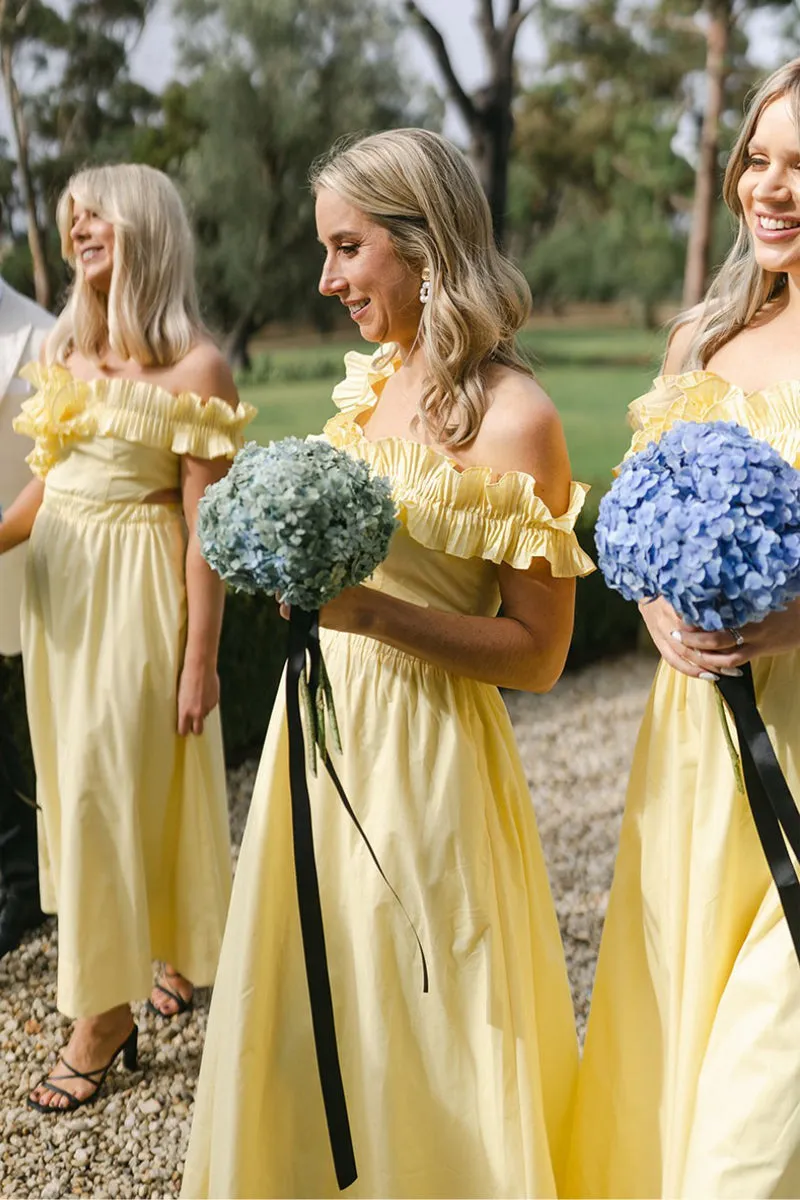 Yellow Off the Shoulder Ruffle Satin Ankle Length Bridesmaid Dresses