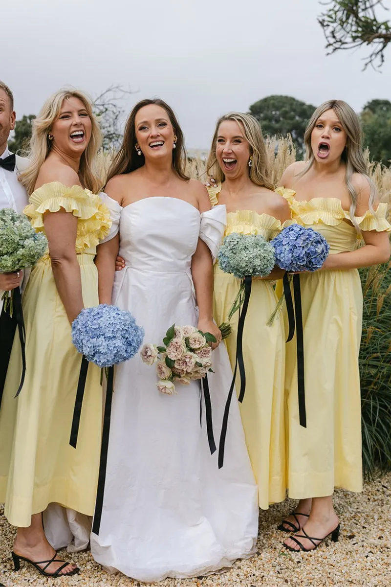 Yellow Off the Shoulder Ruffle Satin Ankle Length Bridesmaid Dresses