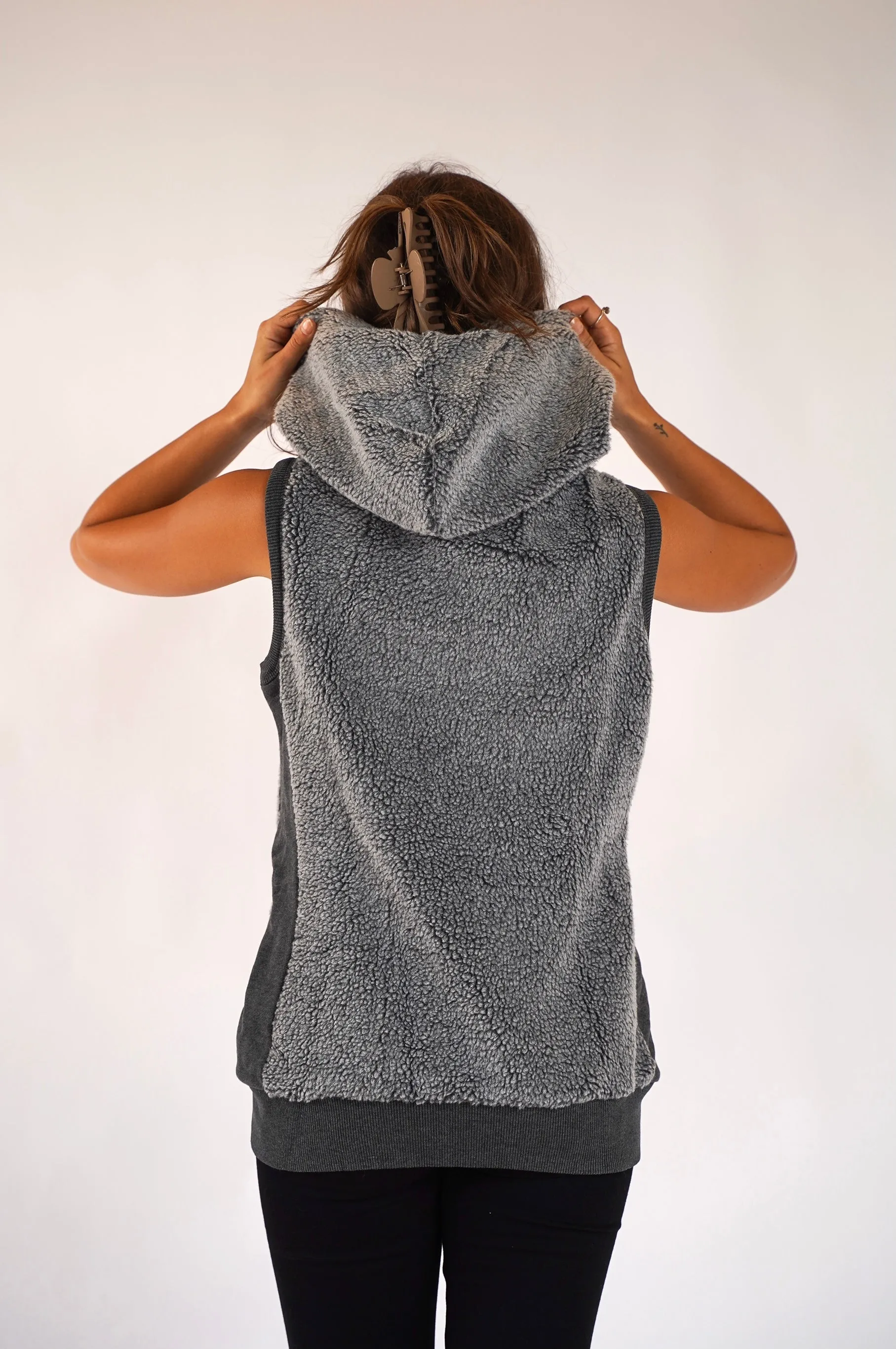 Zoe Sherpa Dark Heather Grey Hoodie Vest